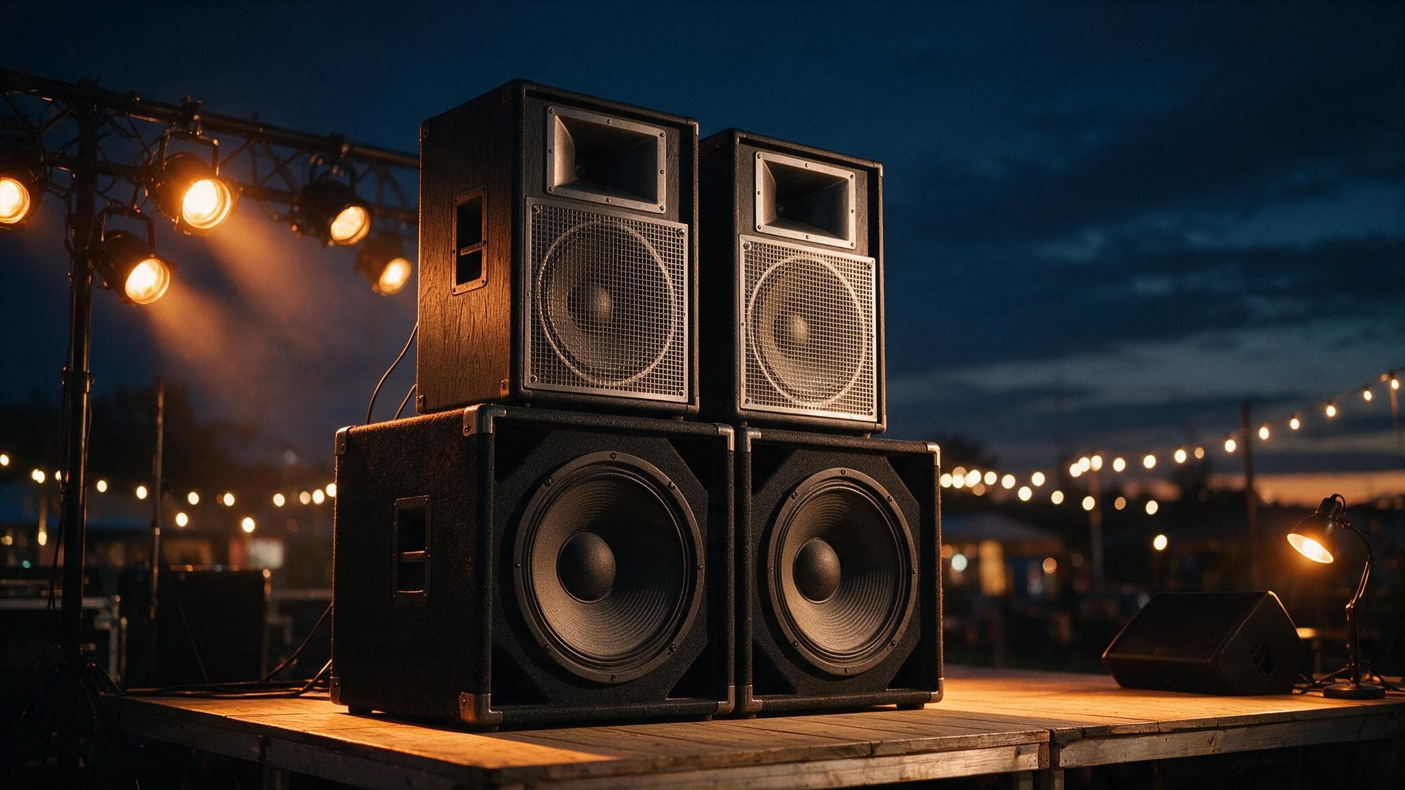Close-up of a professional PA speaker stack at dusk