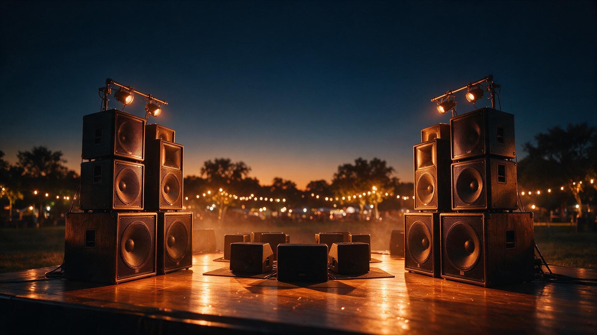 Full stacked PA system on an outdoor festival stage at dusk