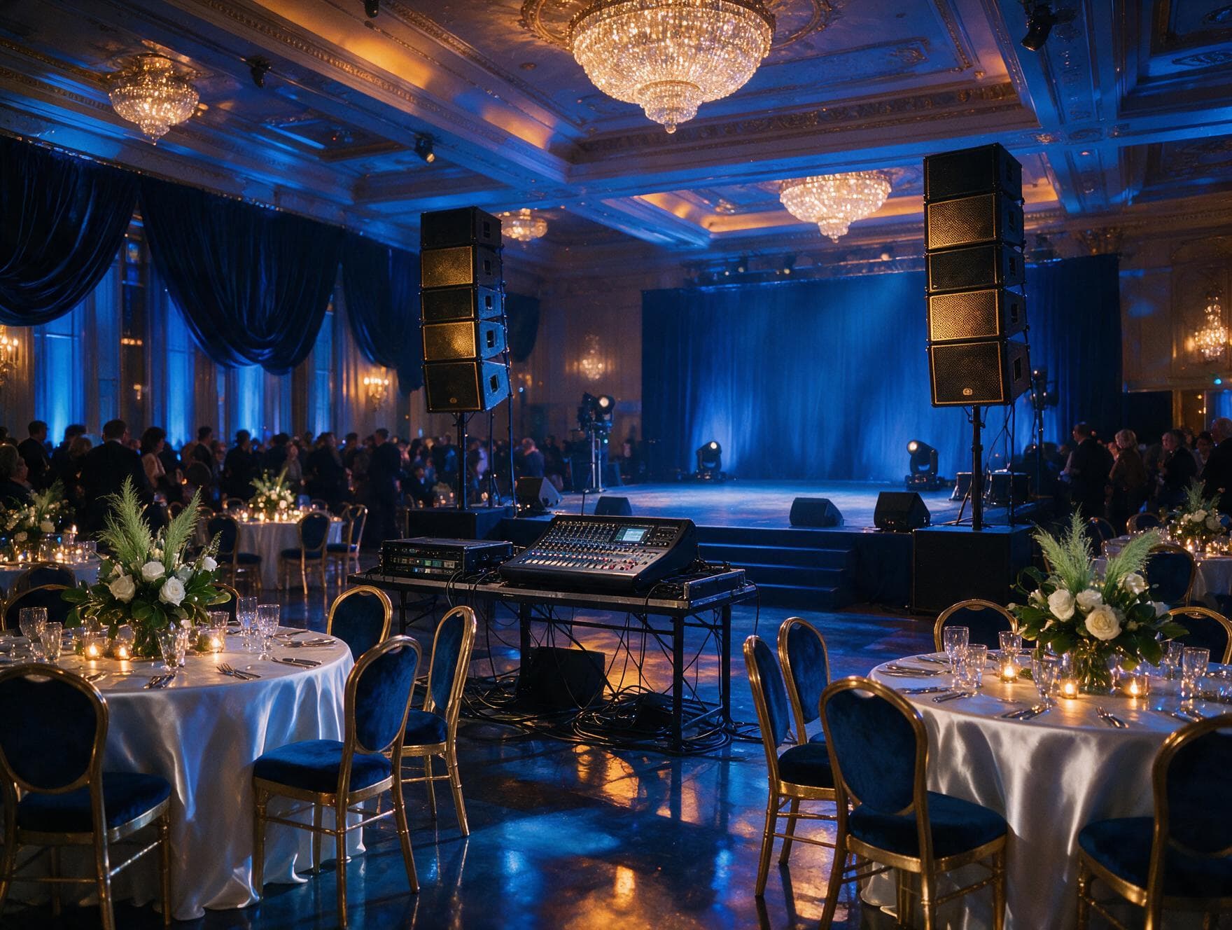 Large banquet hall with a line-array PA system and digital mixing console