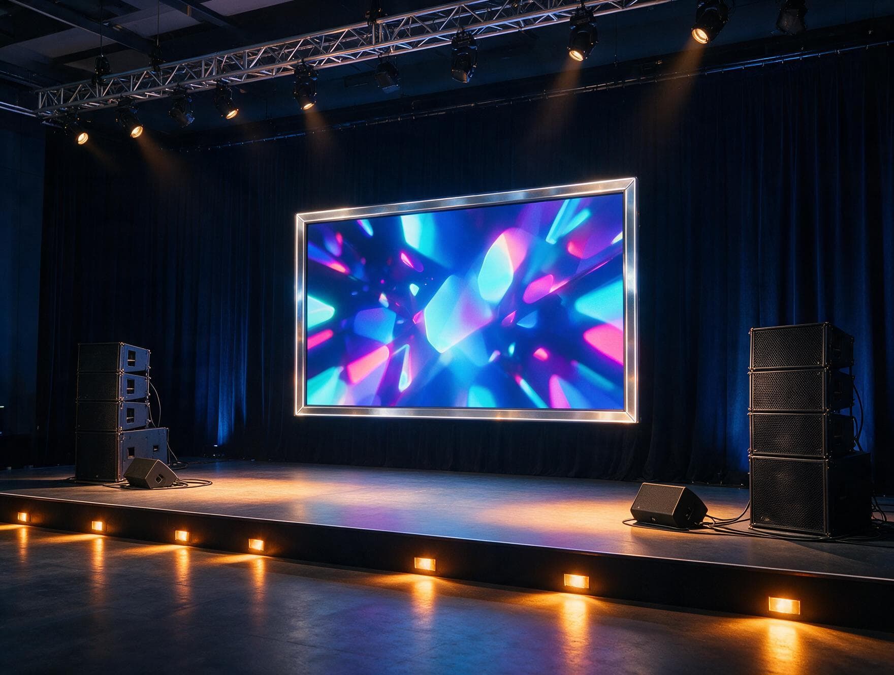 Corporate conference stage with line-array speakers and screen