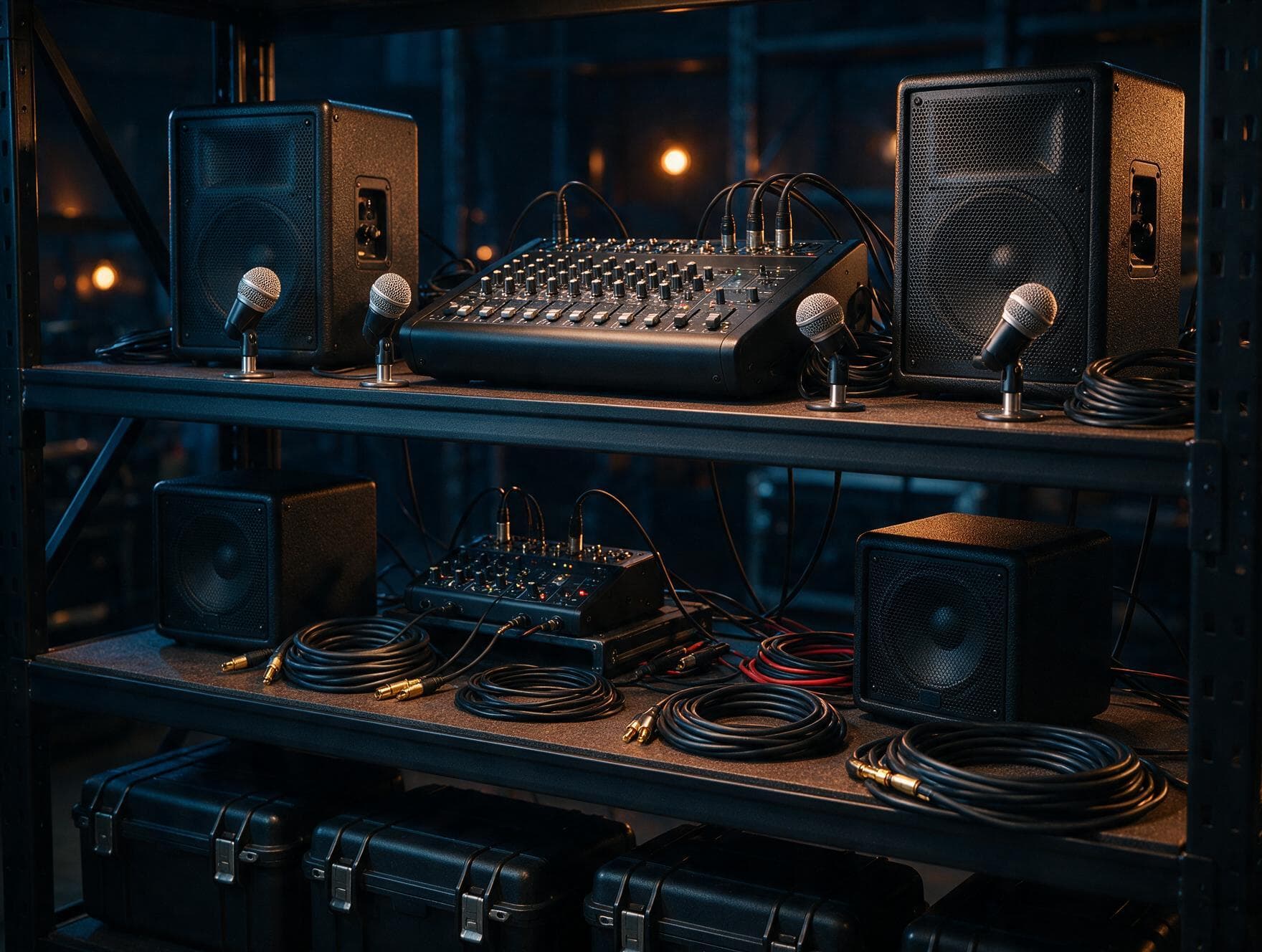 Individual audio equipment organized on warehouse shelving