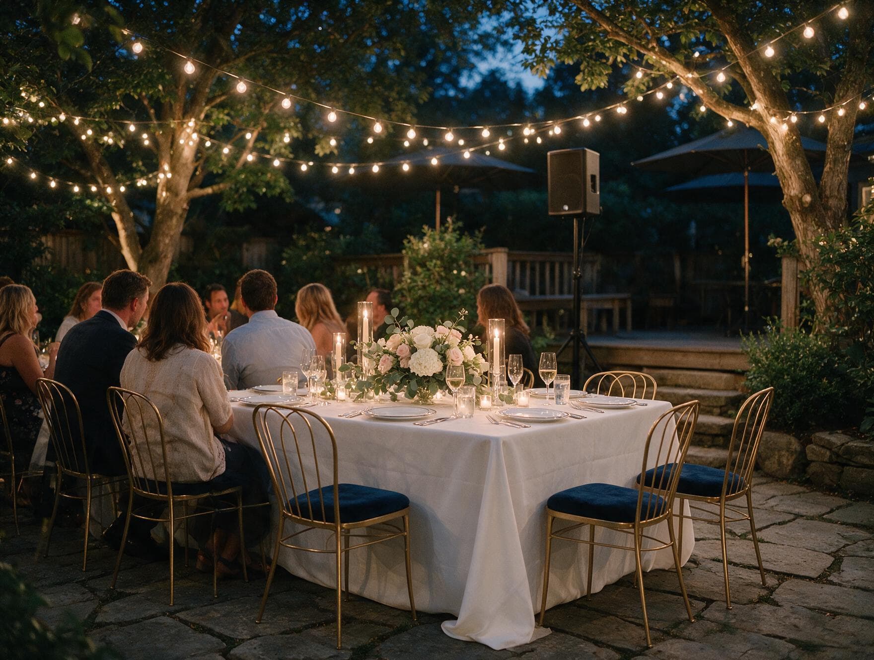 Backyard reception under string lights with a compact PA speaker