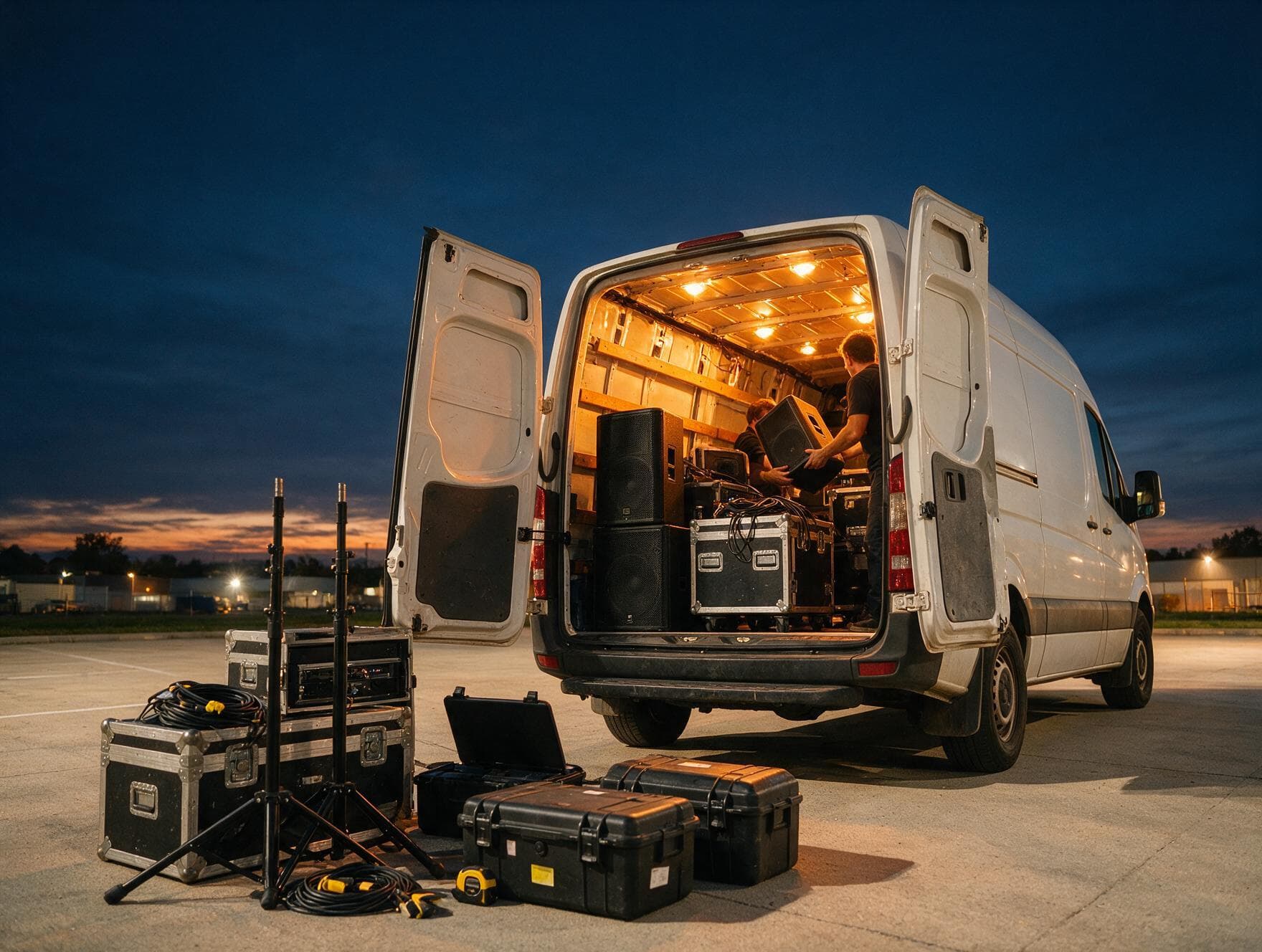 Crew loading packed PA equipment and flight cases into a van